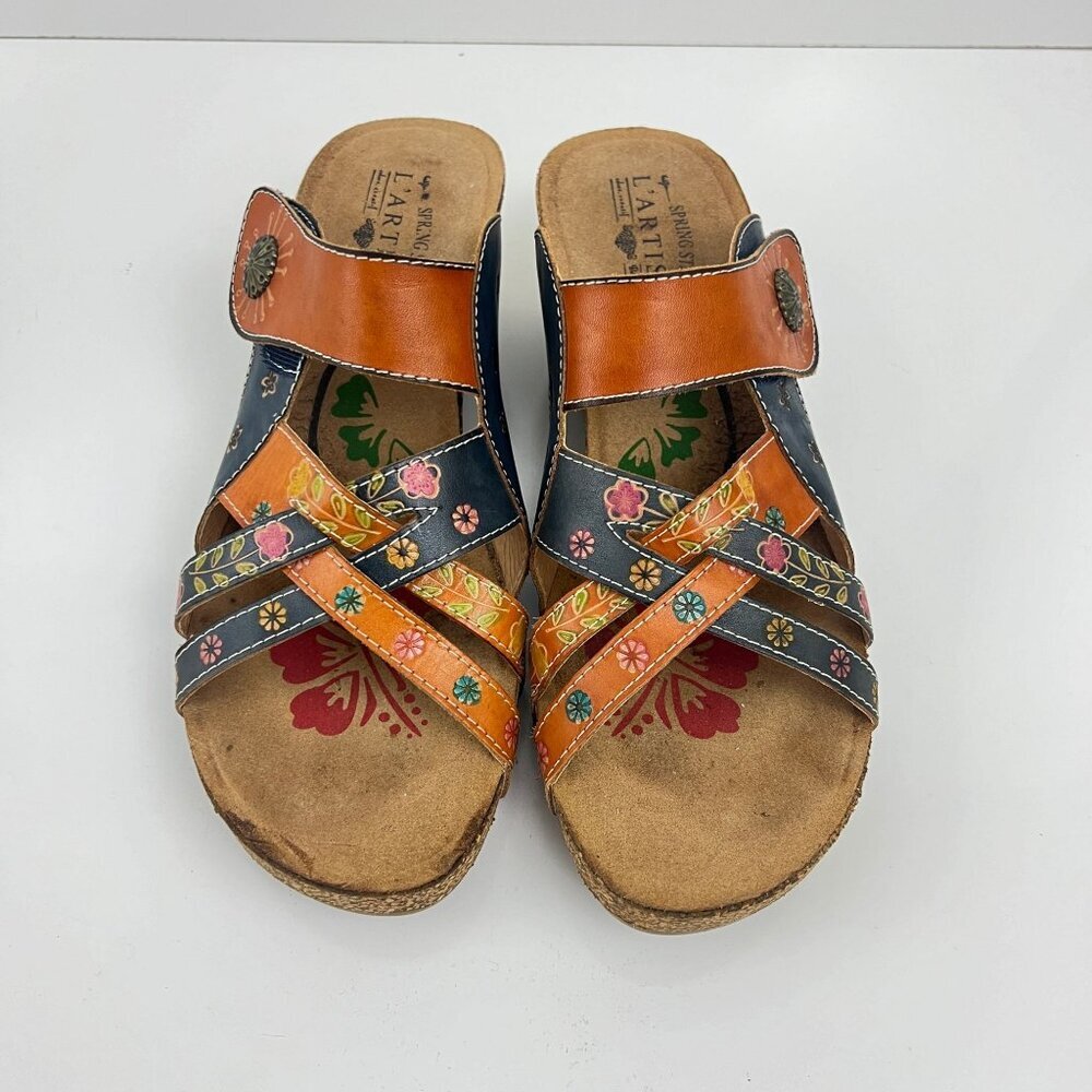 La Artiste Jadora  Women's Floral Embossed  Leather Sandals Blue & Orange 42 10. - Picture 2 of 9